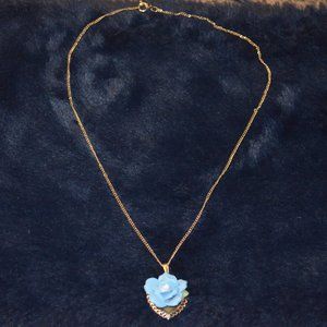 Vintage Blue Rose w/ Gold Heart Chained Necklace